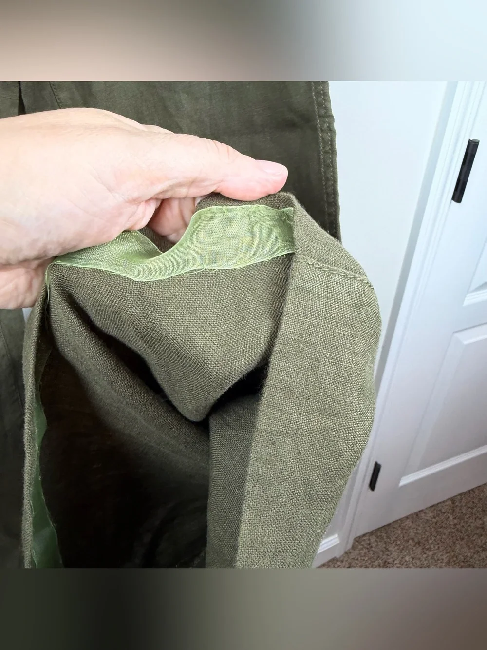 Cabi Olive Green 100% Linen Wide Leg Whipstitch 882 Trouser Pants Lagenlook Sz 8